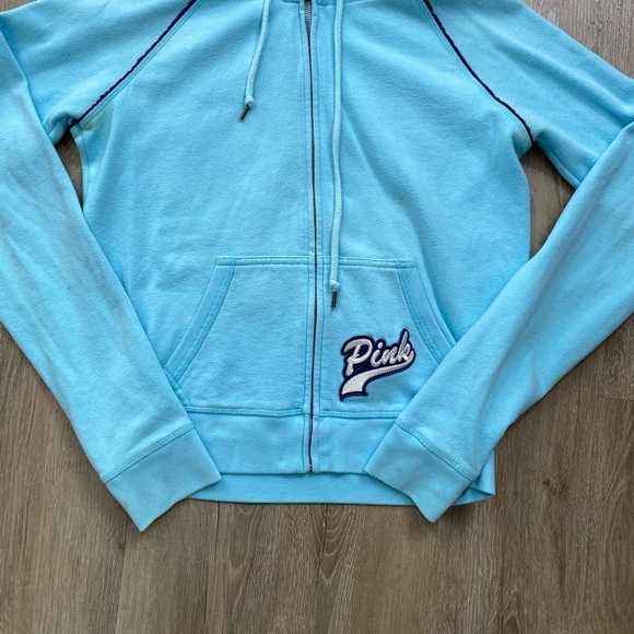 Vintage Y2K 00’s 08’ PINK Victoria's Secret Light Blue Peace Sign Zip Up Hoodie - Picture 5 of 16
